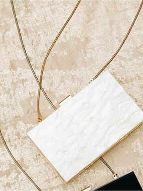 Rachel Zoe Elegant Pearl White Marble Effect Evening Clutch with Gold Accents